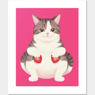 Cute Cat Holding Strawberries Posters and Art